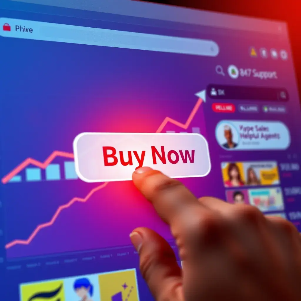 A hand clicking on a 'Buy Now' button on an online store. The scene is vibrant and dynamic, with a chart showing an upward trend in sales. A chat window with a helpful agent is visible in the background, representing the 24/7 support.